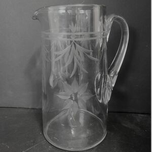 Hand-Blown Clear Crystal Water Pitcher‎ Etched Flowers & Leaves Applied Handle